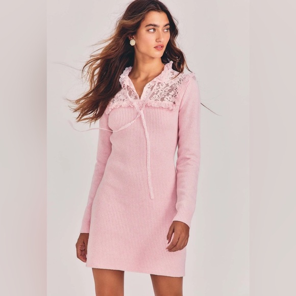LoveShackFancy Bellini wool blend knit ribbed Pink long sleeve mini Dress Sz.XS. - Picture 4 of 16
